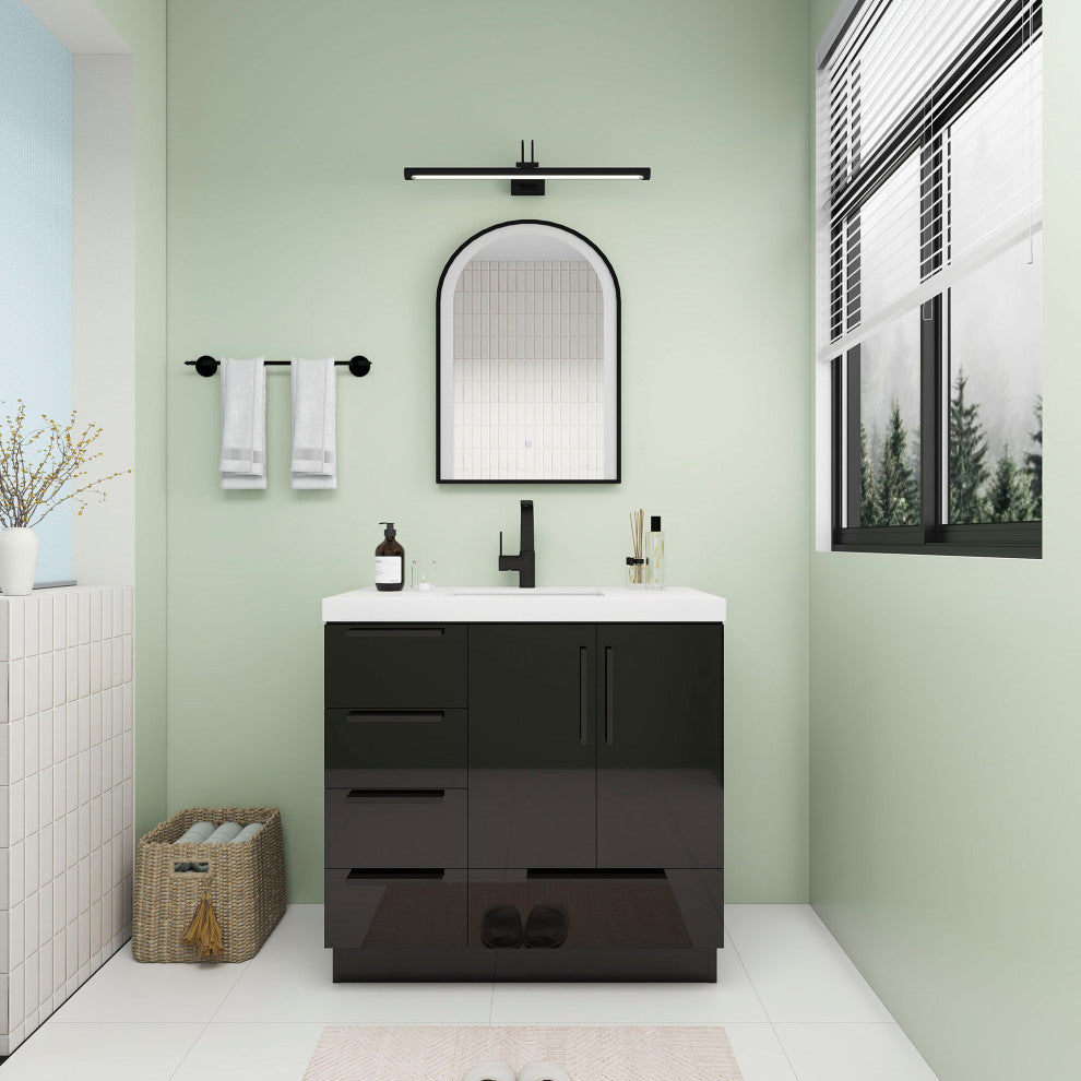 Carla 36" Freestanding Bathroom Vanity With Left Side Drawers, Gloss Black