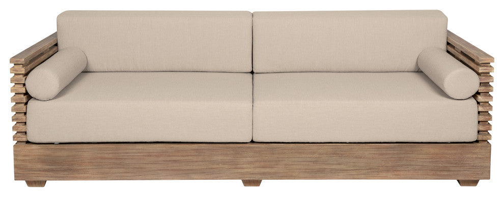 Vivid Outdoor Patio Sofa, Light Eucalyptus Wood With Taupe Olefin Cushions