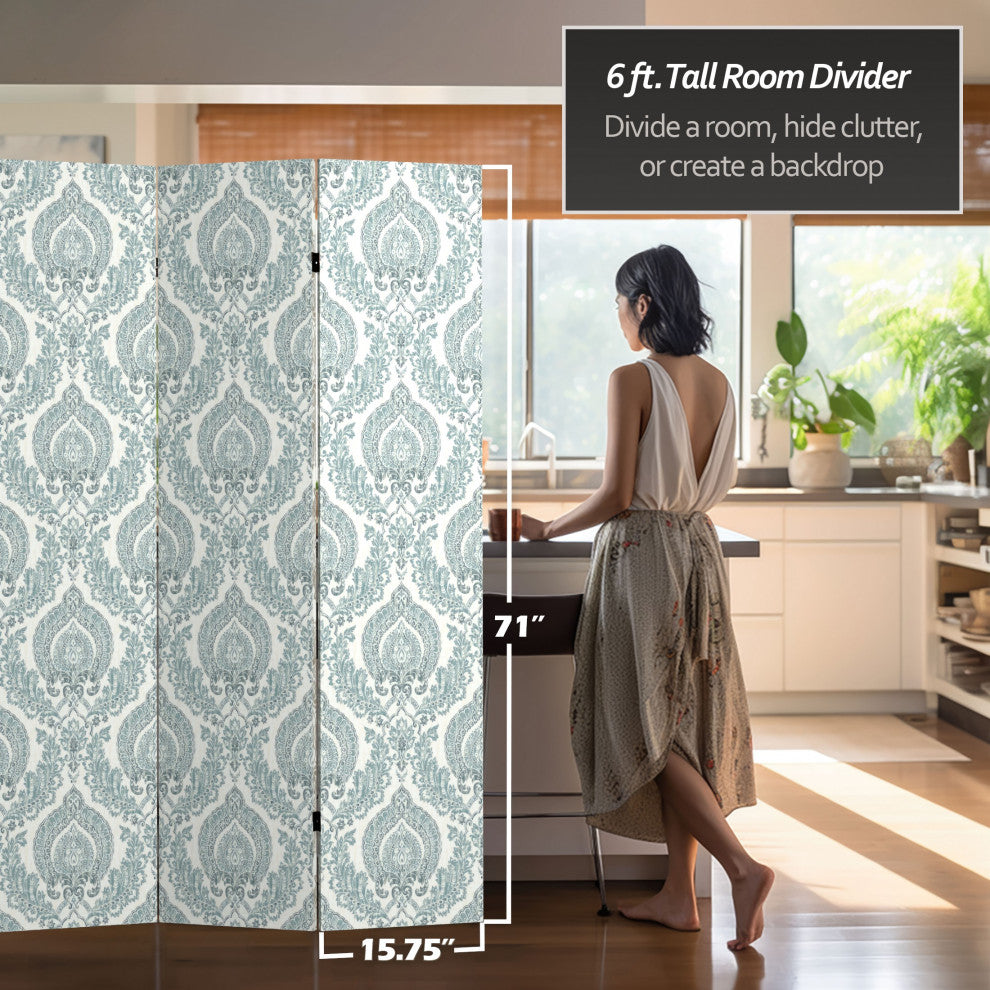 6'' Tall Double Sided Ivory Damask Canvas Room Divider