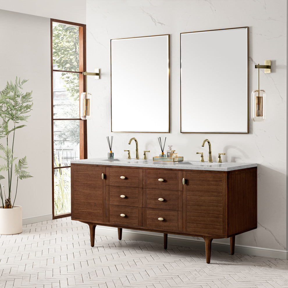 Amberly 30" Single Vanity, Mid-Century Walnut, 72", Eternal Jasmine Pearl, Three-Hole