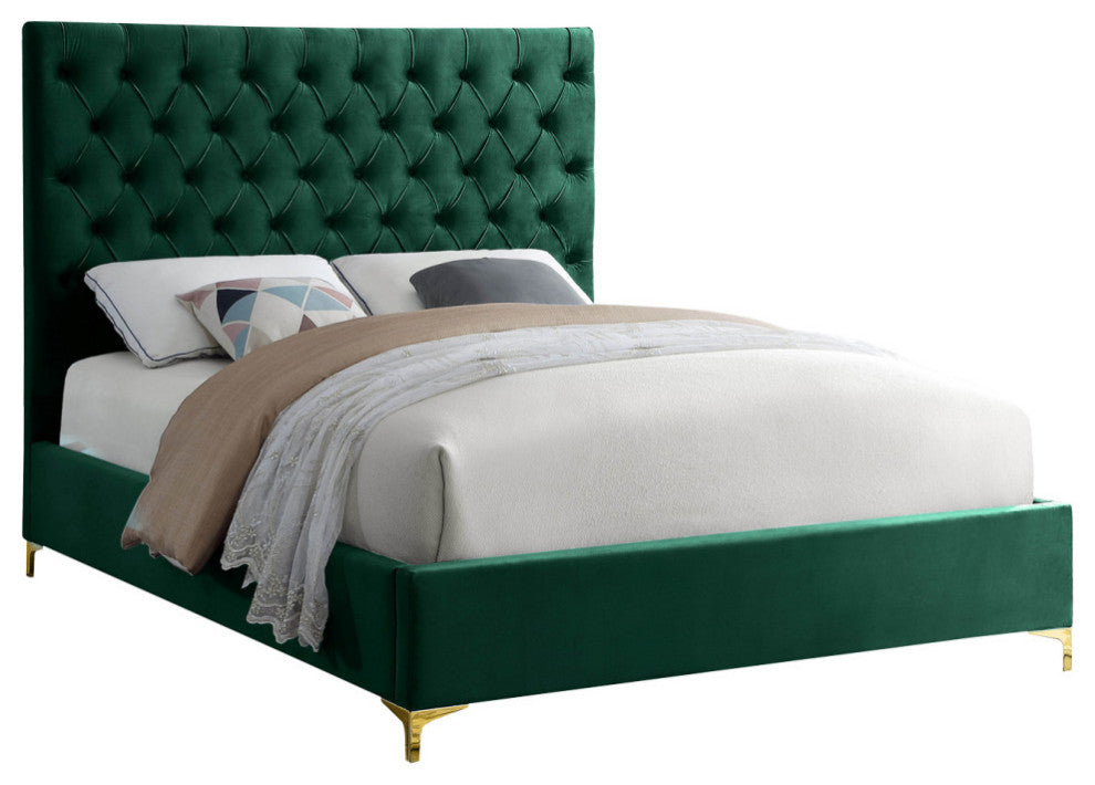Cruz Velvet Upholstered Bed, Green, Full