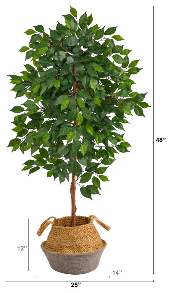 4' Ficus Artificial Tree, Boho Chic Handmade Cotton and Jute Gray Woven Planter