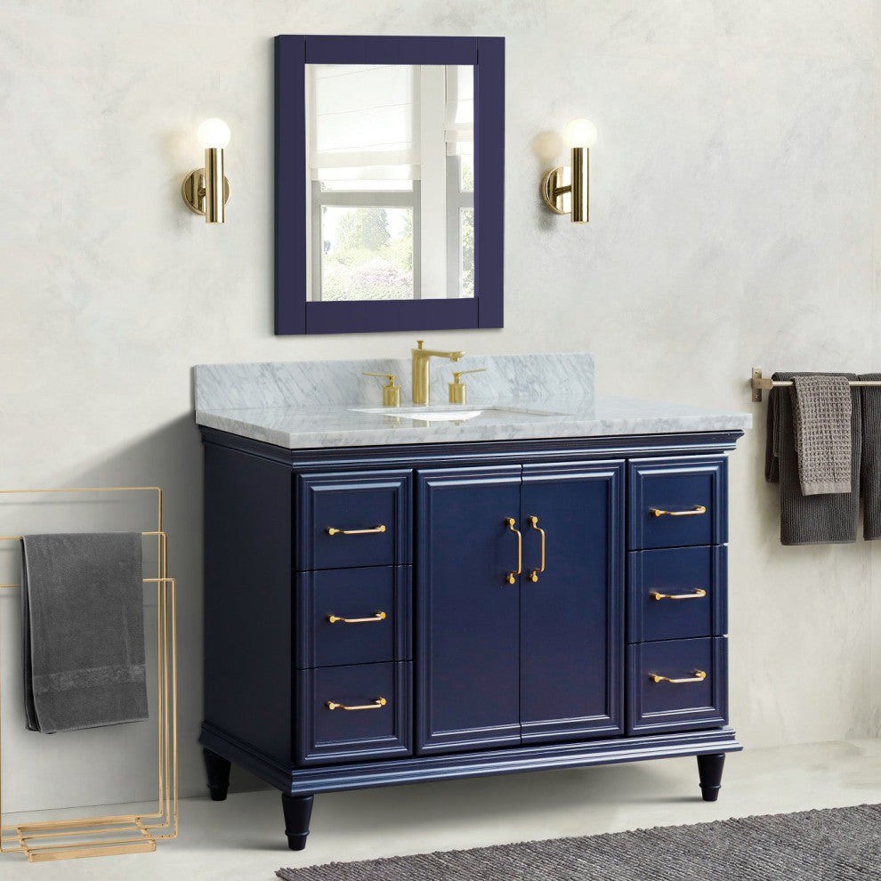49" Single Sink Vanity, Blue Finish With White Carrara Marble