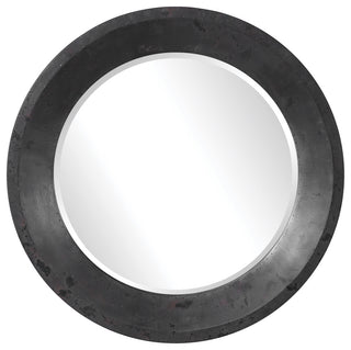 Modern Industrial Round 40" Wall Mirror Nailhead Trim Oxidized Metal Dark