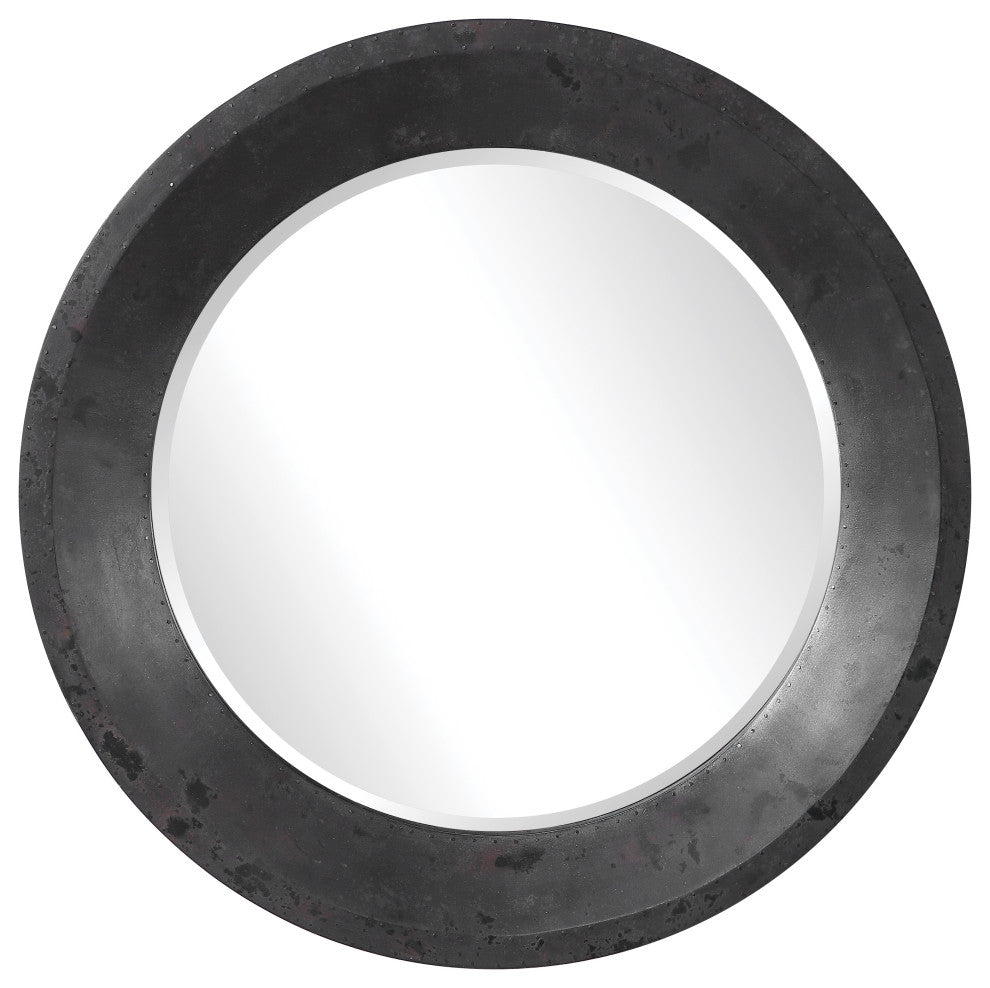 Modern Industrial Round 40" Wall Mirror Nailhead Trim Oxidized Metal Dark