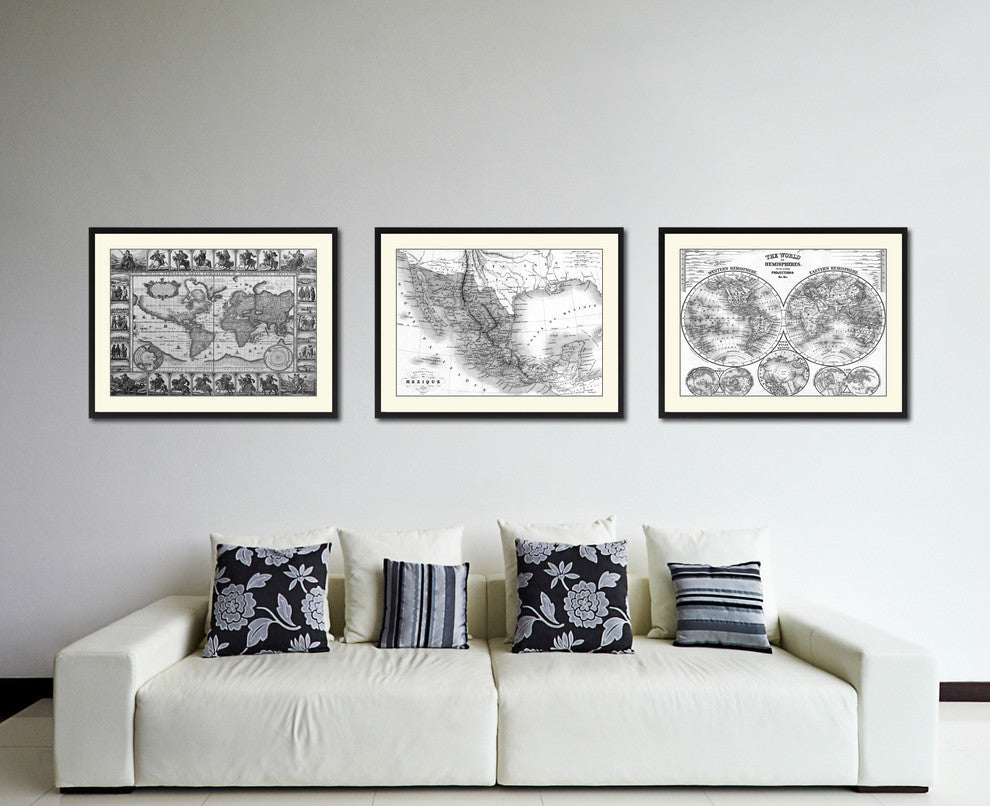 Mexico Vintage Map Print On Canvas With Black Custom Frame, 28" X 37"