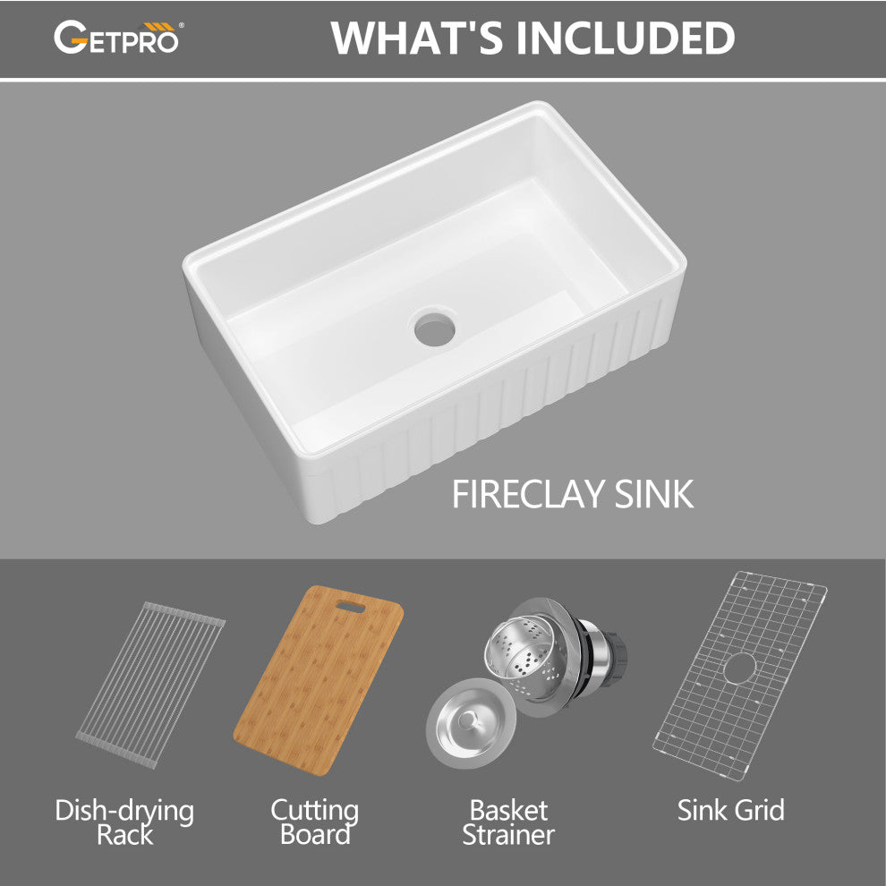 33"Lx20"W Farmhouse/Apron Farm Fireclay Kitchen Sink With Sink Grid And Strainer