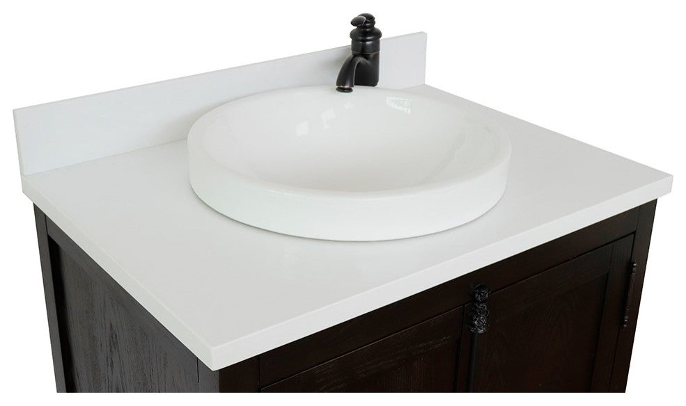 30" Single Vanity, Brown Ash, White Engineered Stone Top, Round