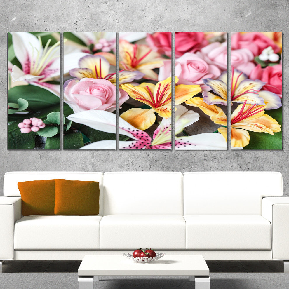 Beautiful Sugar Flower Decoration, Flower Artwork on Canvas, 60"x28", 5 Panels