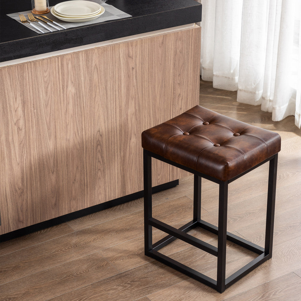 Button Tufted Open Frame Counter Stools, Dark Brown, 24 Inch