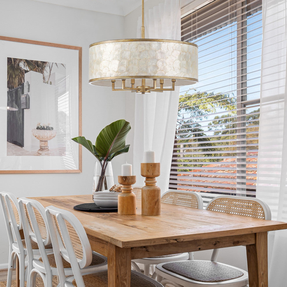 GetLedel 24" 6-Light Capiz Shell Drum Chandelier, Distressed Gold