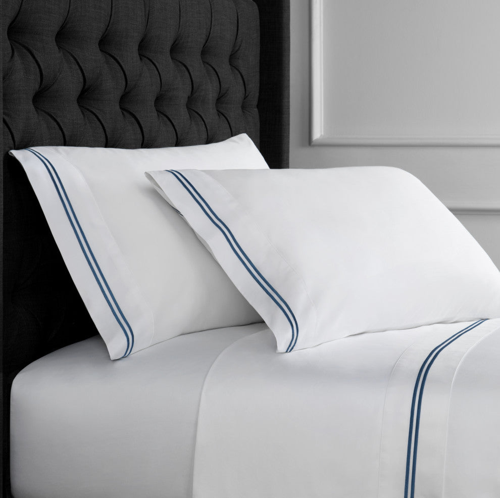 1000 Thread Count 2 Stripe Embroidery Sheet Set, Navy on White, Full Sheet Set