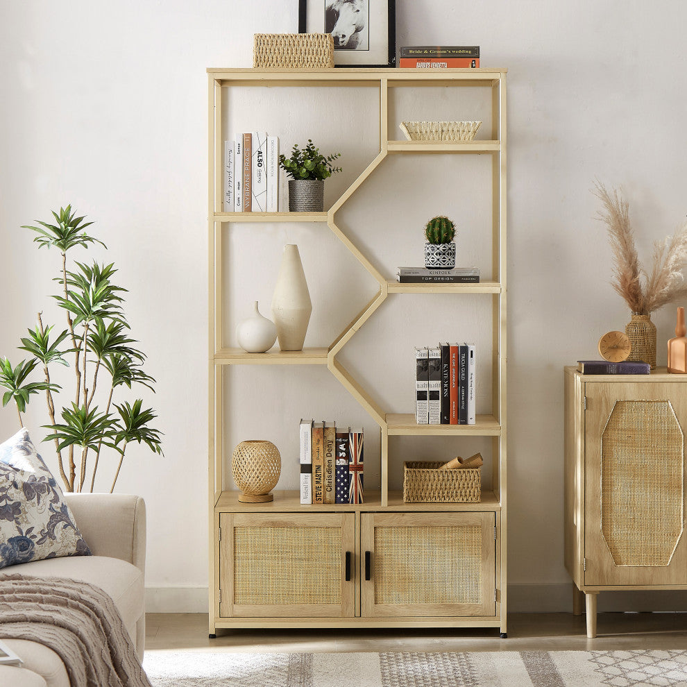 Gewnee Rattan bookshelf 7 tiers Bookcases Storage Rack