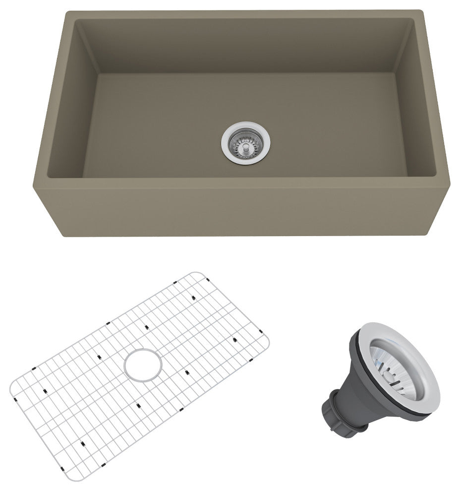 33in Single Bowl Farmhouse Apron Kitchen Sink with Bottom Grid and Drainer, Taupe Clay