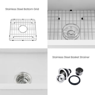 18" White Fireclay Farmhouse Undermount Kitchen Sink With Bottom Grid and Strain