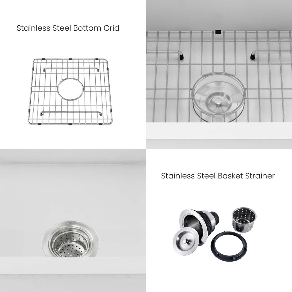 18" White Fireclay Farmhouse Undermount Kitchen Sink With Bottom Grid and Strain