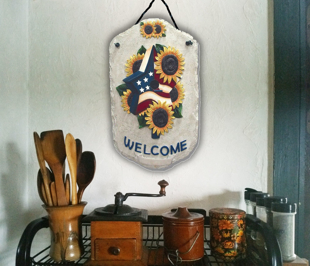 Welcome Sign, "Sunflower Birdhouse" Porch Decor, Resin Slate Plaque