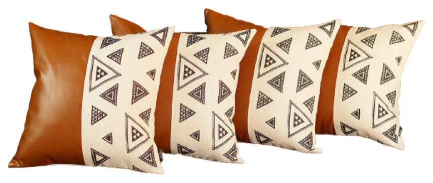 Set of 4 Triangle and Brown Faux Leather Pillow Covers