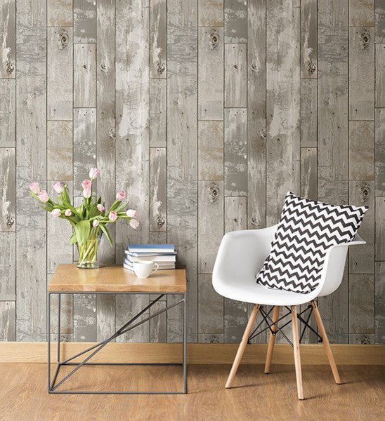 Distressed Wood Panel Wallpaper, Gray, Bolt