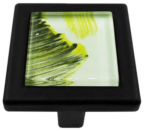 Hand Brushed Abstract Moss Streaks Crystal Glass Black Metal Square Manor Knob