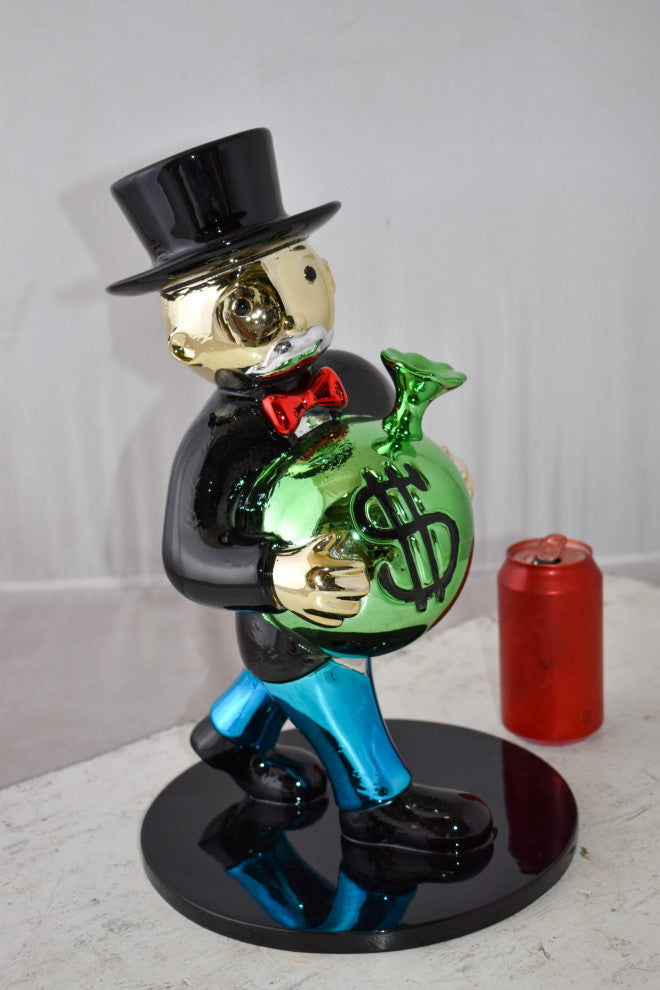 Vibrant Monopoly Man Holding Money Bag Resin Statue Small Size: 10" x 10" x 16
