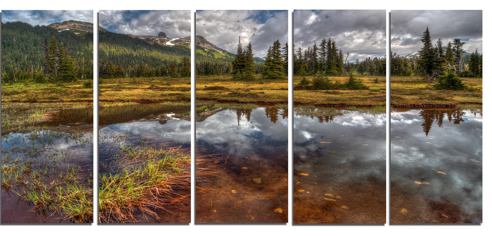 Shallow Lake under Cloudy Sky, Landscape Canvas Print, 60"x28", 5 Panels