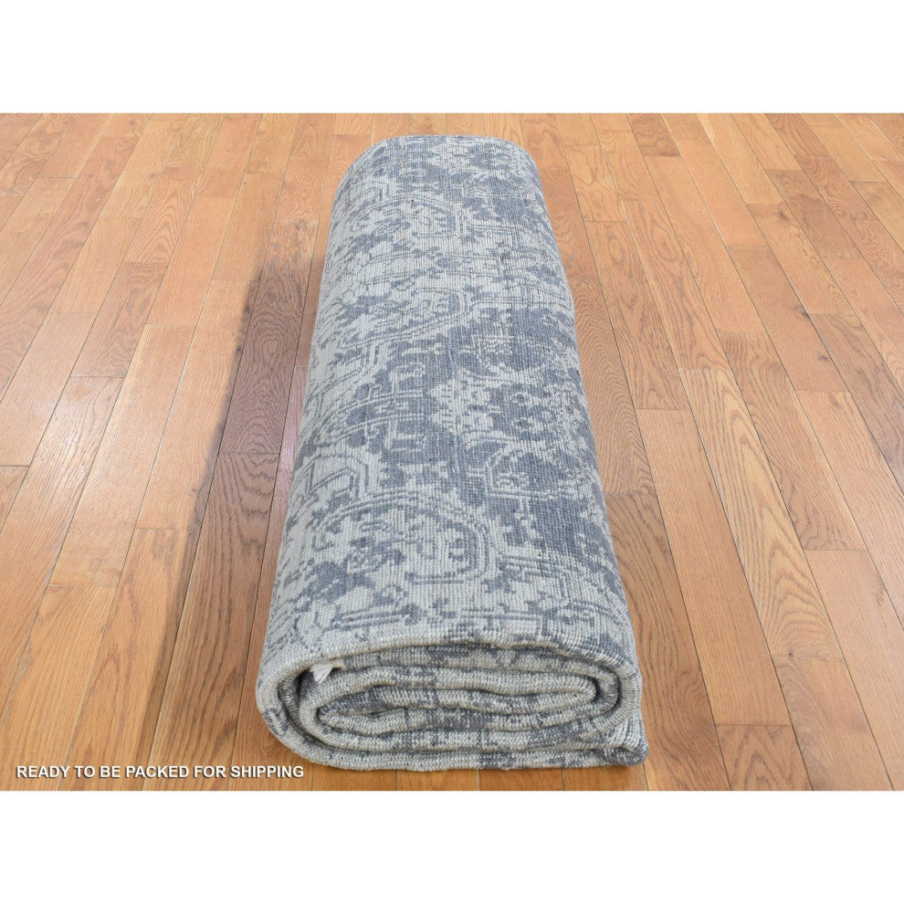 Ivory Hand Knotted Wool and Silk Geometric Mughal Design Oriental Rug, 7'9"x10'