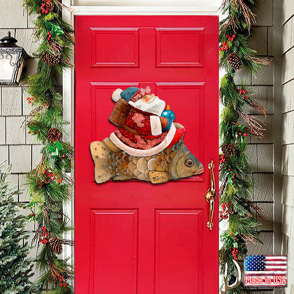 Golden Fish Santa Wooden Door Hanger