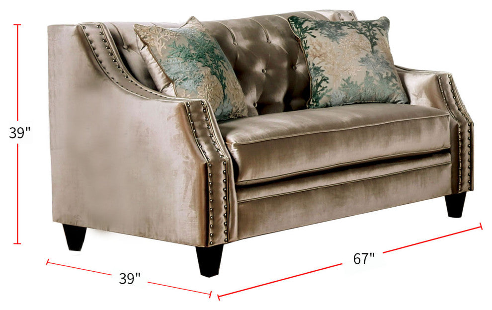 Chenille And Wooden Love Seat with Bench Style Cushion Design, Champagne
