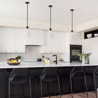1-Light Matte Black 8 in. Mini Pendant With Hammered Glass Shade