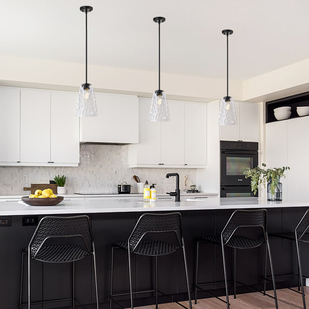 1-Light Matte Black 8 in. Mini Pendant With Hammered Glass Shade