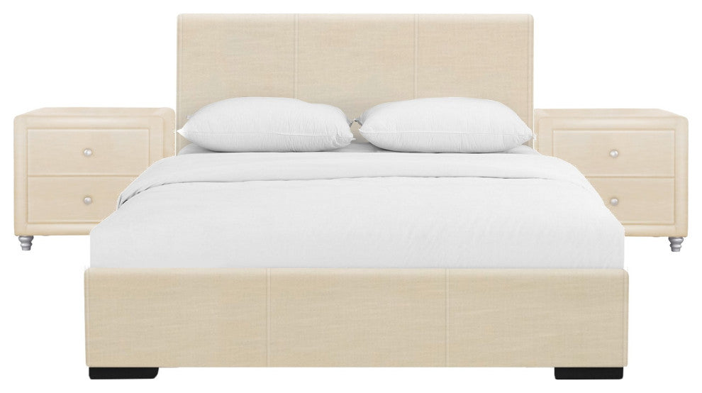 Beige Upholstered Platform Queen Bed With Two Nightstands