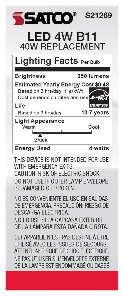 4W B11 LED, Frost, Candelabra Base, 90 CRI, 2700K, 120V