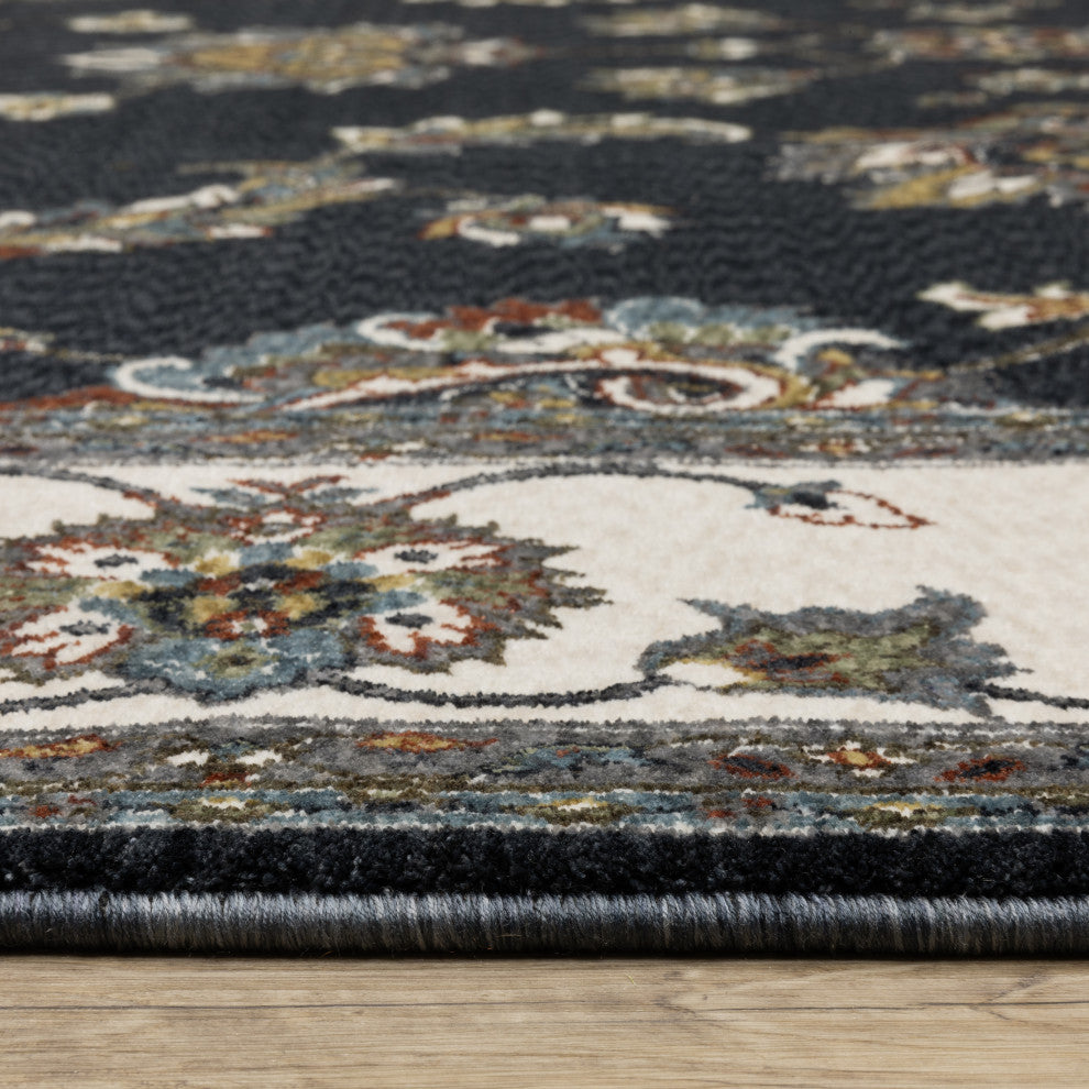 Vaughan Bordered Traditional Navy/ Ivory Fringe Edge Rug 7'10" x 10'10"