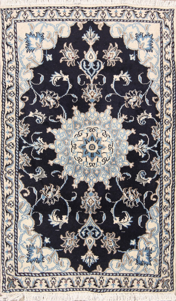 Nain Oriental Traditional Hand-Knotted Persian Area Rug, Blue, 4'7"x2'10
