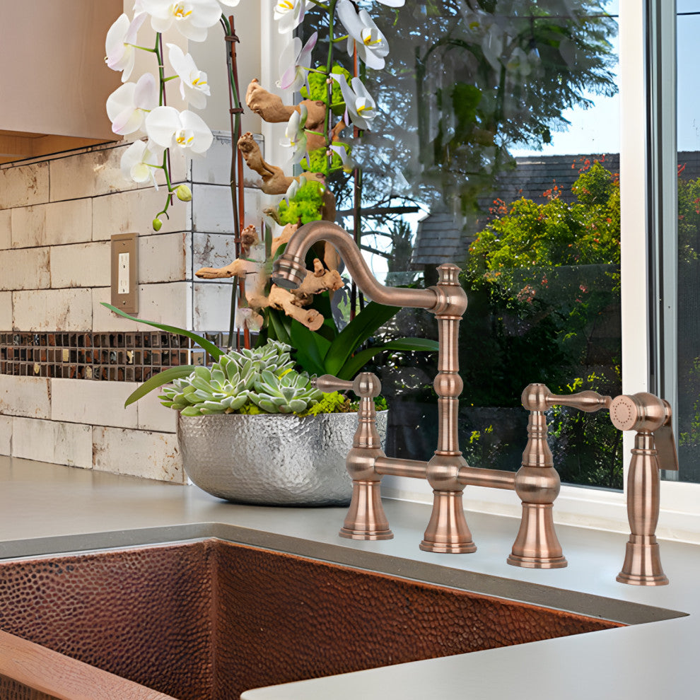 Two-Handles Copper Bridge Kitchen Faucet with Side Sprayer, Antique Copper