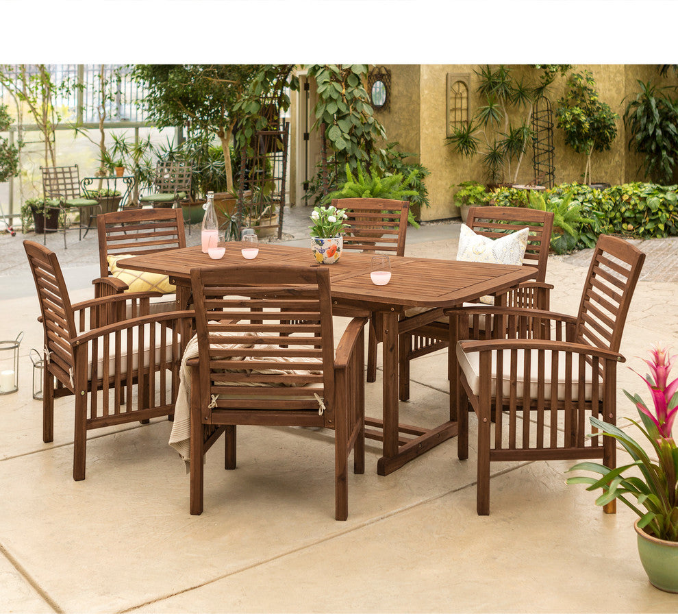 7-Piece Acacia Patio Dining Set With Cushions, Dark Brown