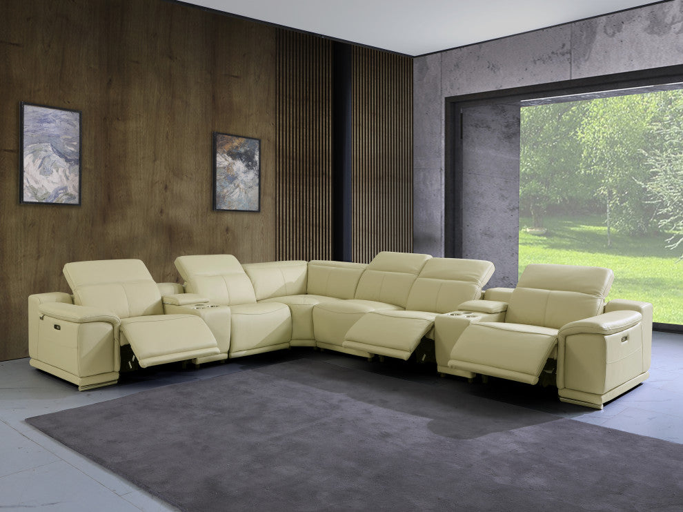 Federico 8-Piece L-Shaped Top Grain Italian Leather Sectional-3 Power Recliners, Beige