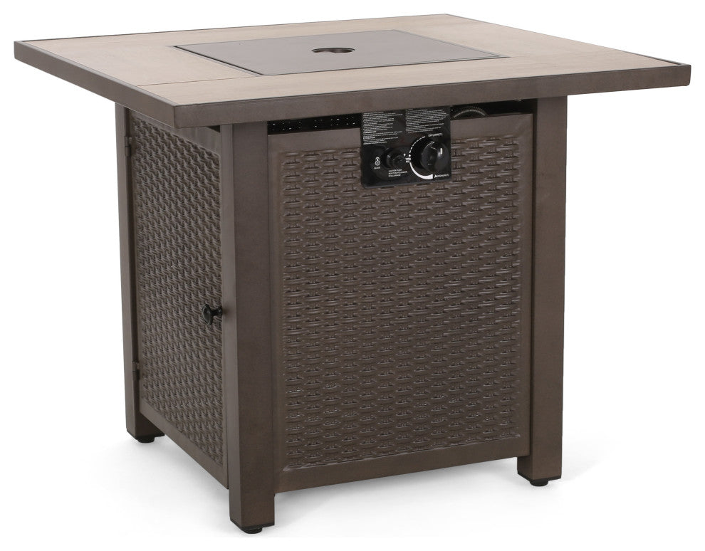 Larry Outdoor 40,000 BTU Iron Square Fire Pit, Dark Brown/Brown Wood Grain