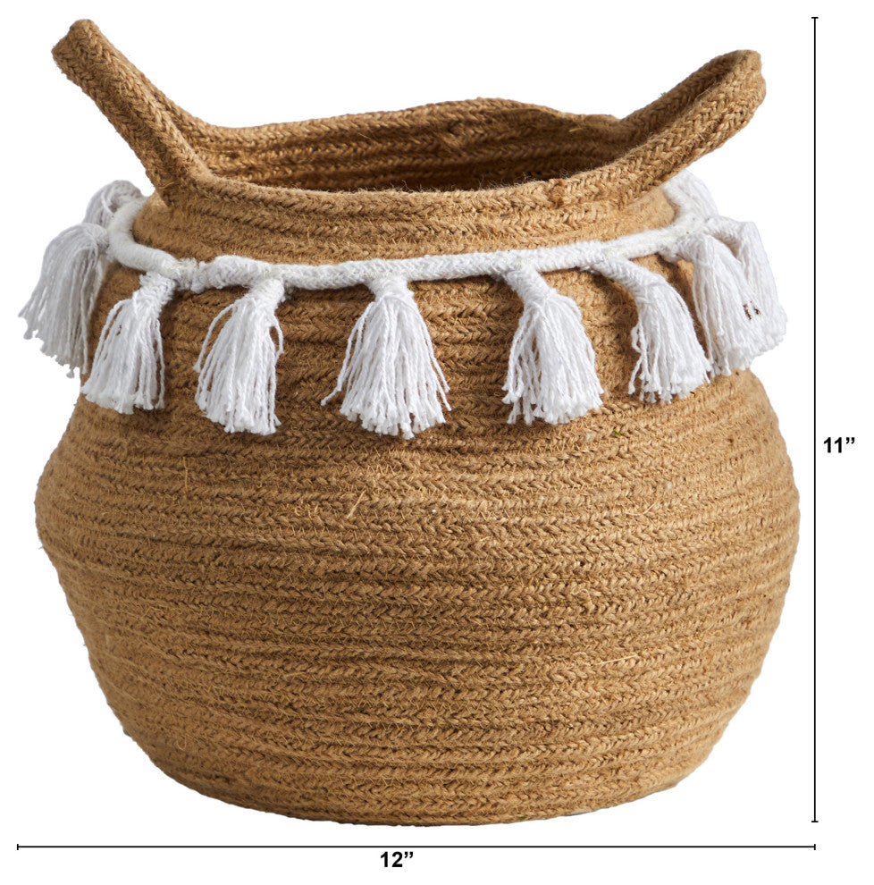 11" Boho Chic Handmade Natural Cotton Woven Basket Planter With Tassels