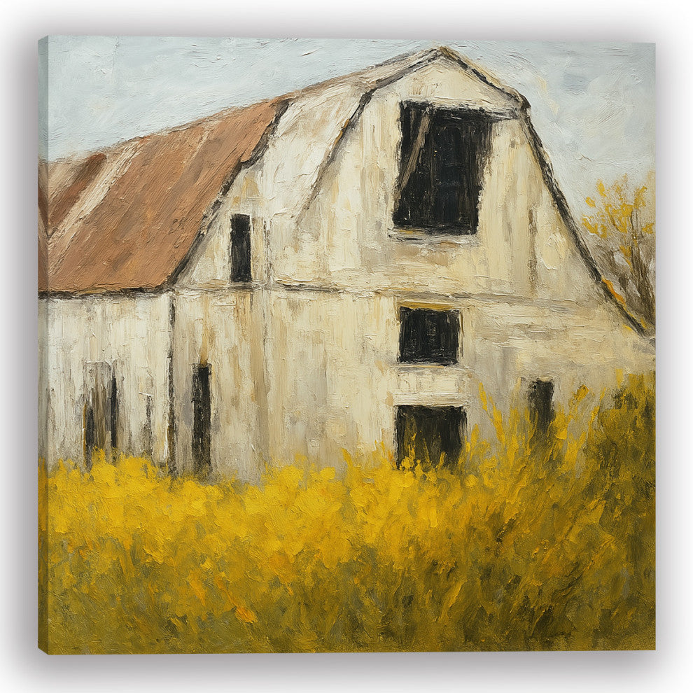 Rustic White Barn with Yellow Field "“ Hand-Painted Painting