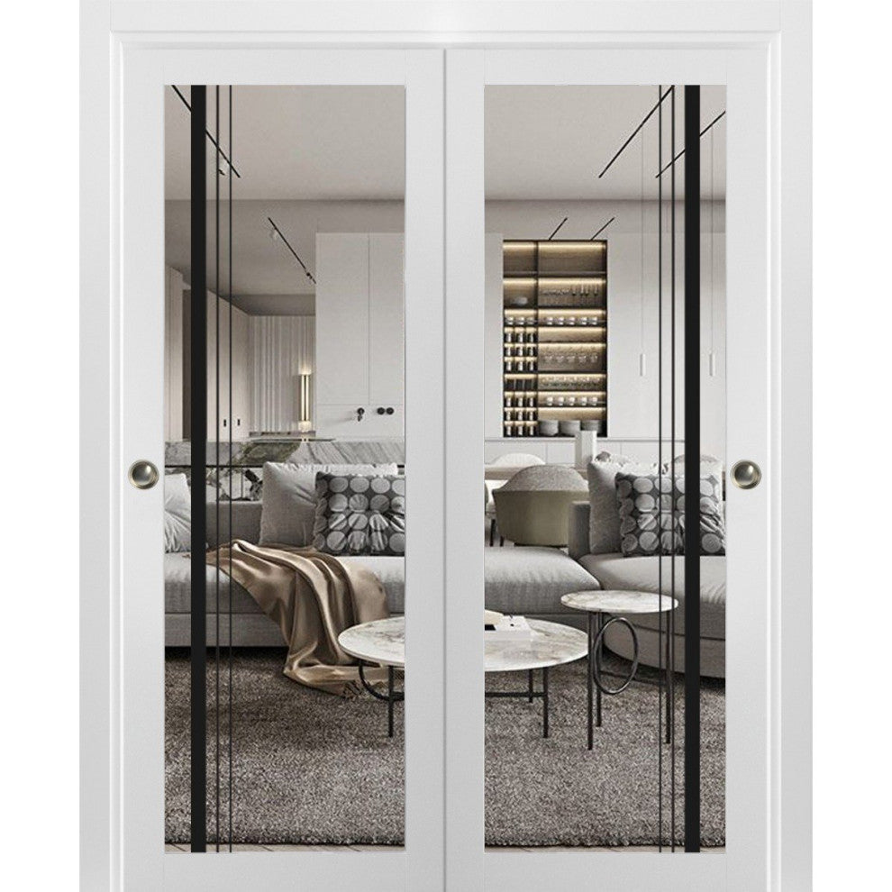Bypass Doors 36 x 96 | Lucia 2566 White Silk Clear Glass | Sturdy Rails