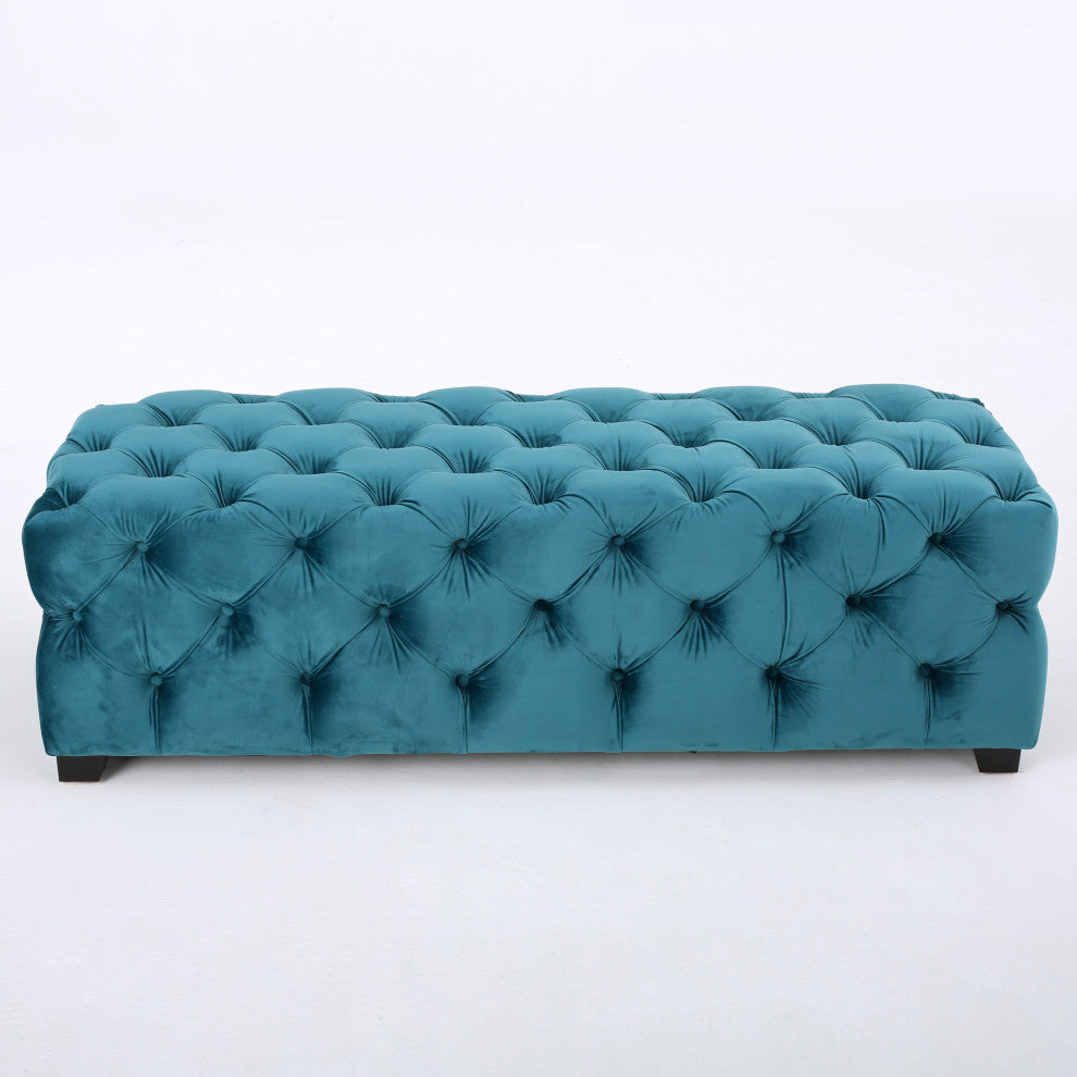 GDF Studio Provence TModern Glam Tufted Velvet Ottoman Bench, Dark Teal