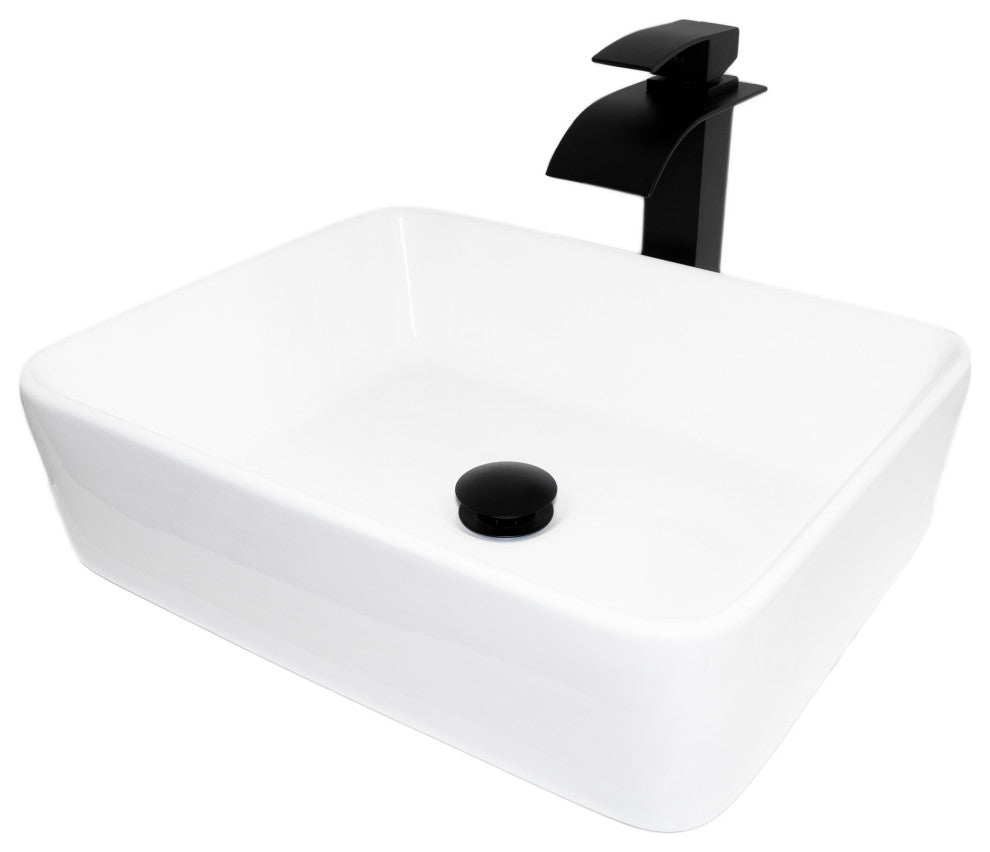 Porcelain Vessel Sink, Faucet  and Drain Combo Set, Matte Black