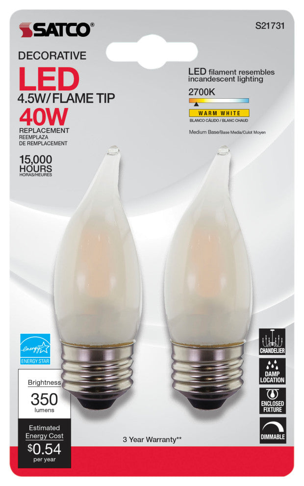 4.5W CA10 LED, Frost, Medium Base, 2700K, 120V, 2-Card