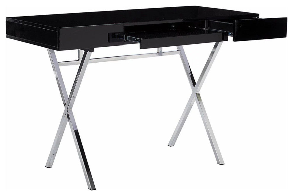 Modern Desk, X-Shaped Chrome Legs With Handless Drawers & Keyboard Tray, Black