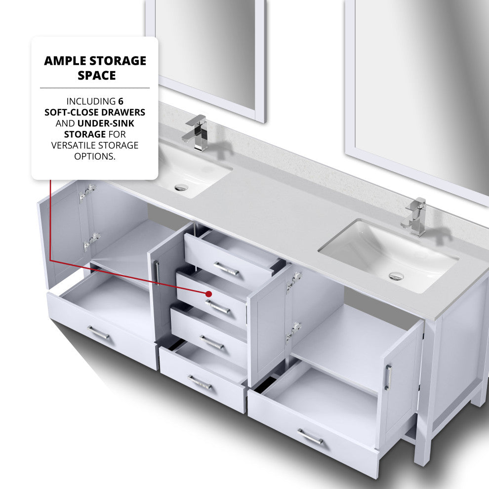 Jacques 80" White Double Sink Vanity with Quartz Top, With Faucet and Mirror