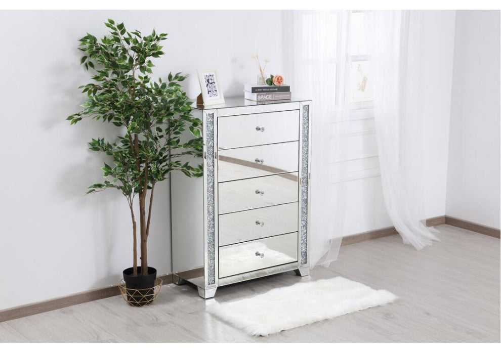 34" Silver Crystal Mirrored Five Drawer Cabinet