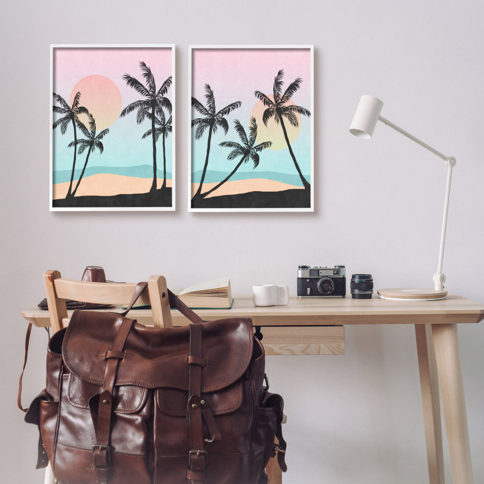 Tropical Sunset Sunrise Palm Tree Beach Illustration, 2pc, each 16 x 20