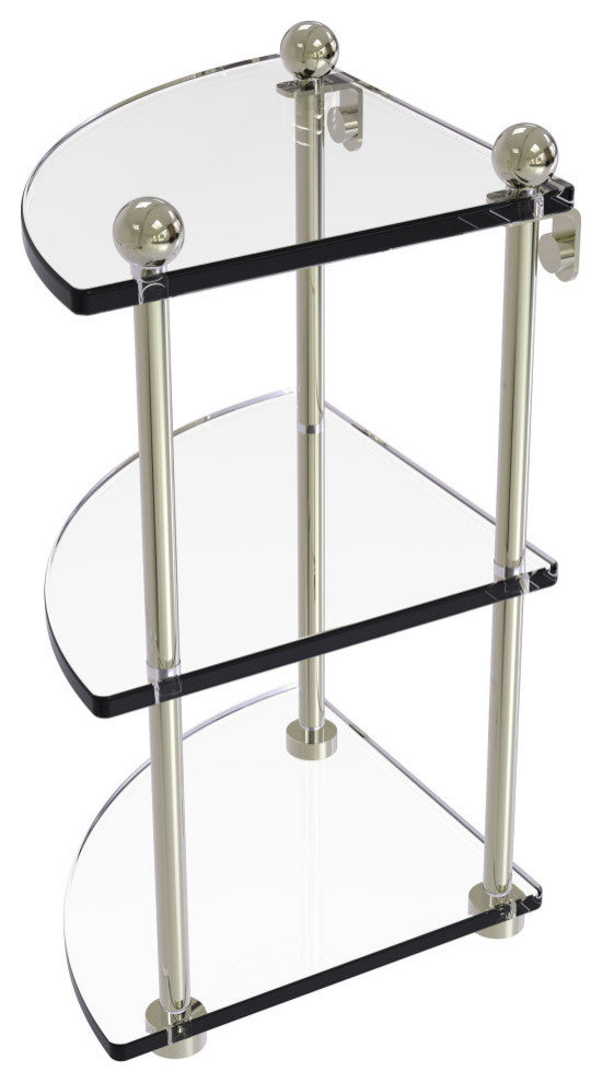 Three-Tier Corner Glass Shelf, Polished Nickel